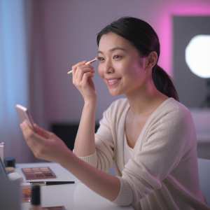 寝室でアイシャドウを塗る女性