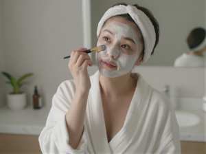 洗面所でクレイマスクを塗る女性