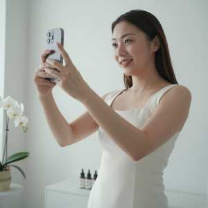 スタジオで美肌セルフィーを撮る女性