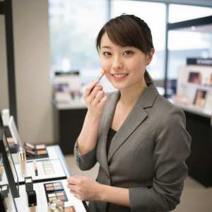 コスメカウンターでファンデを試す女性