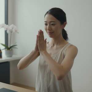 スタジオで顔ヨガをする女性