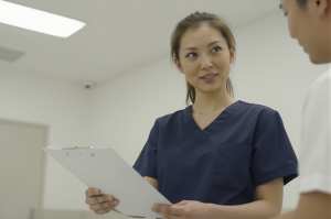 廊下で同僚と話す看護師