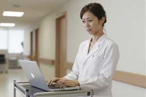 廊下で医療記録をPC入力する医師