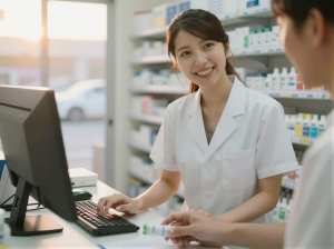 薬局で患者に説明する薬剤師