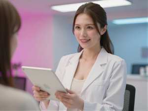 タブレットで検査結果を説明する医師