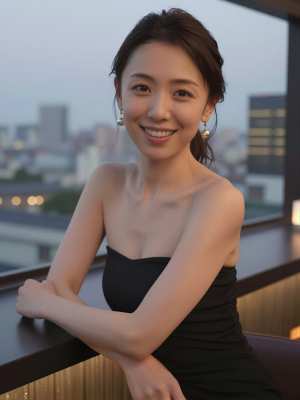 屋上バーでくつろぐ女性スタッフ