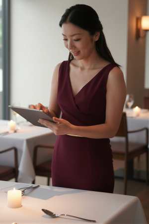 フレンチレストランで注文を取る女性