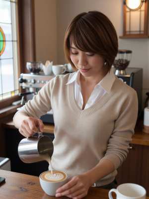 喫茶店でラテアートを注ぐバリスタ