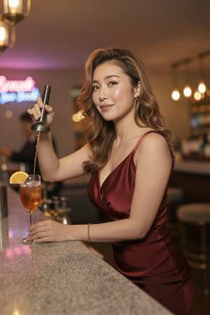 バーカウンターでカクテルを作る女性