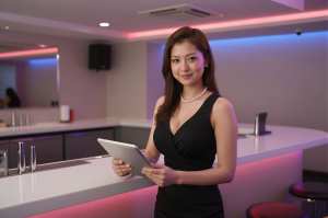 巨乳モダンクラブでタブレット操作する女性