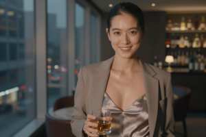 ラウンジでシャンパンを手にする美しい女性