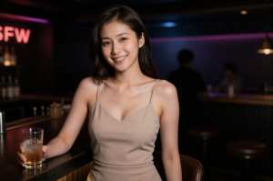 バーでの笑顔で招くドレス姿
