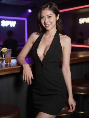 バーでの笑顔で招くドレス姿