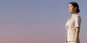 求人バナー素材: 紫ピンクとビジネス女性の横顔