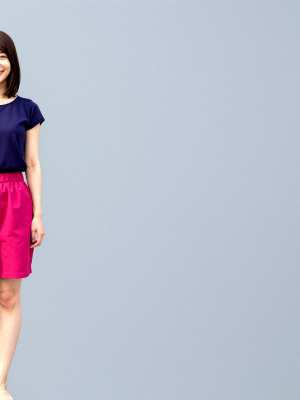 求人バナー素材: 紫ピンクグラデと親しみやすい女性