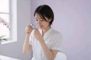 肌の状態を拡大鏡で確認するプロ
