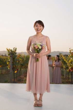 ブドウ畑で友人と笑うブライズメイド