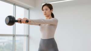 ジムでケトルベルスイングを行う女性