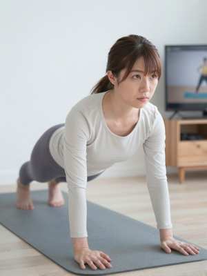 自宅でプランクを行う女性