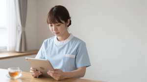 在宅医療で記録を確認する看護師