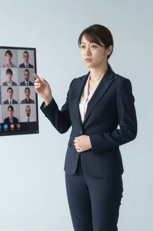 役員室でビデオ会議を主導する女性