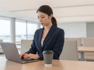 空港ラウンジで仕事をする女性