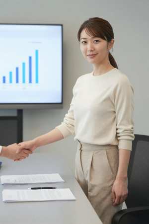 会議室で握手するビジネス女性