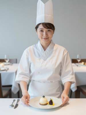 デザートを提供するシェフ