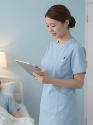 病室でカルテを更新する看護師