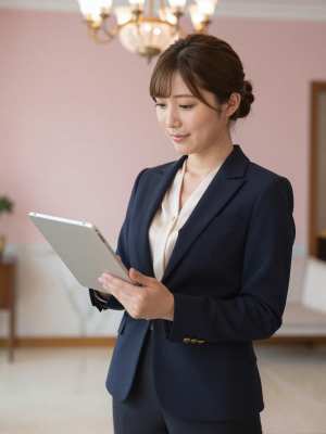 ホテルロビーでタブレット対応する女性