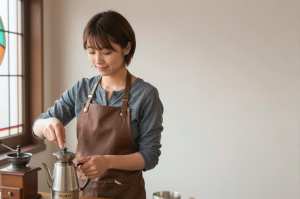 レトロな喫茶店でコーヒー器具を磨く女性