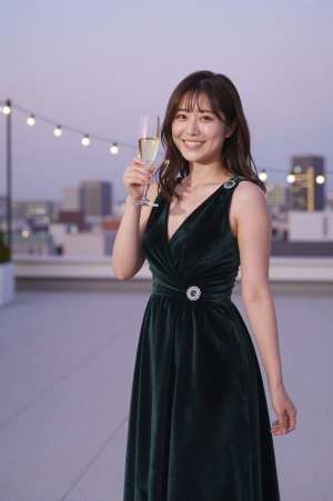 屋上パーティーで乾杯する女性