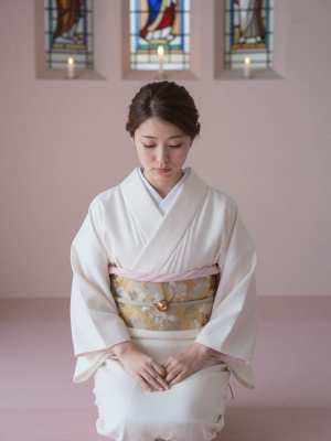 チャペルで跪く和装の花嫁