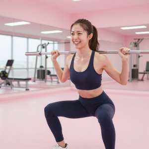ジムでバーベルスクワットをする女性