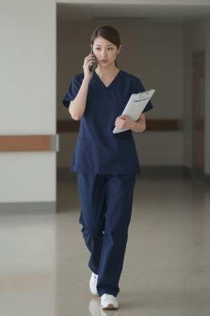 病院廊下で連絡を取る看護師