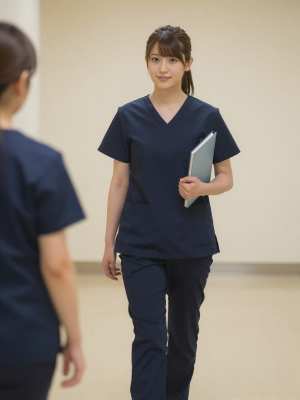 病院廊下で患者に微笑む看護師