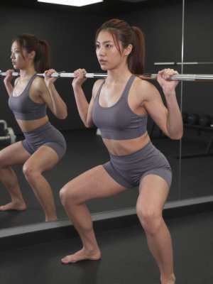鏡越しのバーベルスクワットをする女性