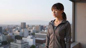 早朝の街並みを望むランニング前の女性