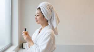 窓辺で佇むバスローブの女性