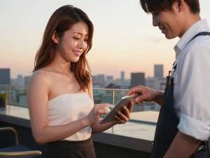 屋上バーで会計をするバーテンダー