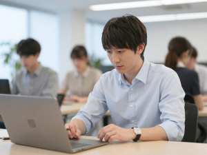 オフィスでデータ分析する男性