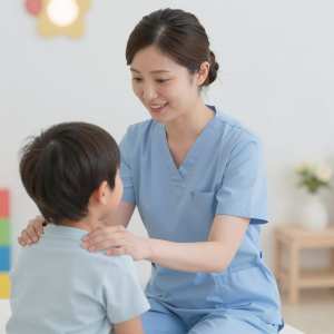 泣いている子供を慰める小児科ナース