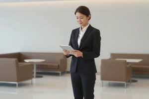 空港で搭乗情報を確認する経営者