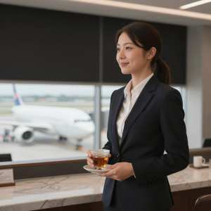 空港で滑走路を眺めるビジネスマン