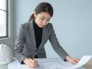 設計図を読み込む女性建築家