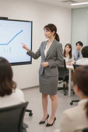 会議で美容製品の戦略を議論する女性