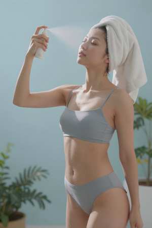 テラスでミストを浴びる女性