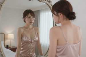 寝室で鏡を見る女性の姿