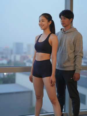 夕暮れの街を望むジムでストレッチする男性