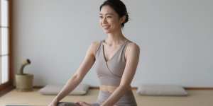 禅ルームでツイストポーズをする女性の顔